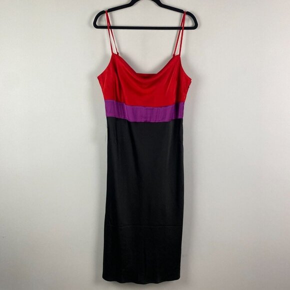 Express Satin Color Block Tier Cowl Neck Midi Slip Dress Red Purple Black Large - Picture 1 of 13